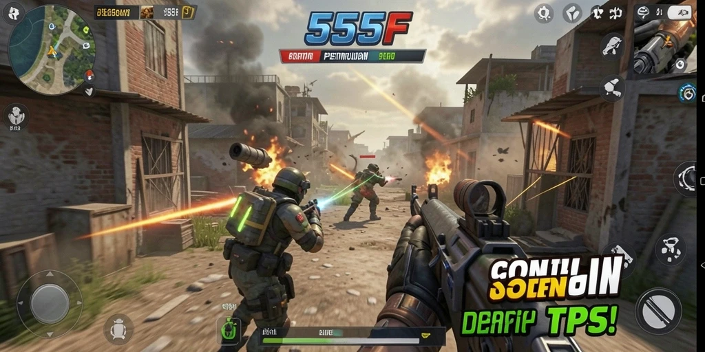 Screenshot gameplay 555F dengan aksi tembak-menembak yang mendebarkan.