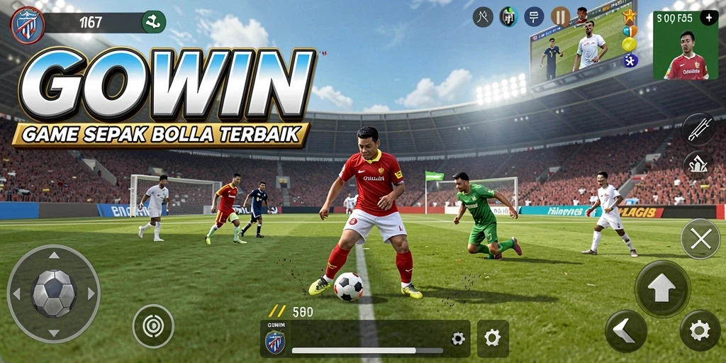 Screenshot GOWIN menampilkan aksi permainan sepak bola yang mendebarkan.