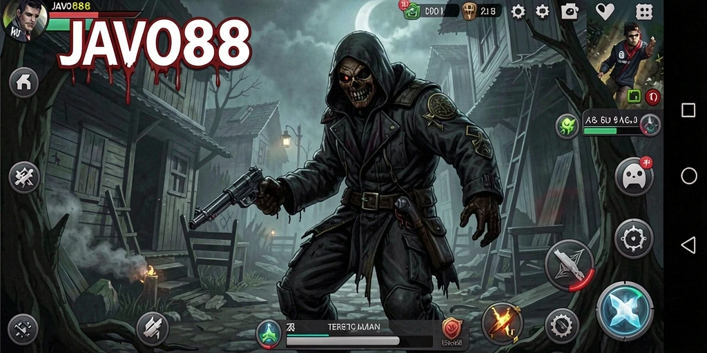 Tangkapan layar gameplay <strong>JAVO88</strong> menampilkan suasana horror yang mencekam.