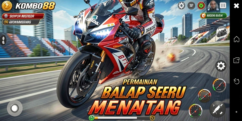 Gameplay seru dari KOMBO88 dengan balapan motor yang mendebarkan.