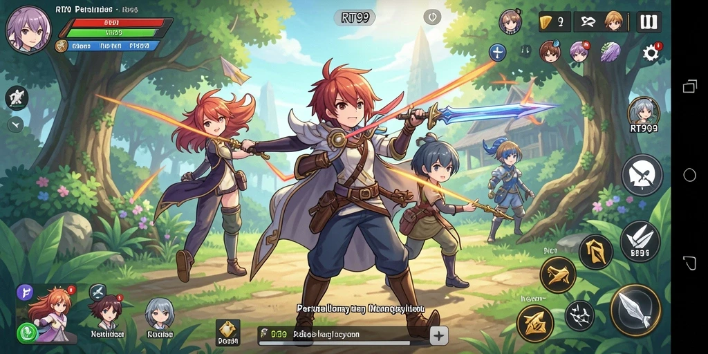 Tampilan gameplay RT99 yang penuh aksi dengan karakter Anime menarik.